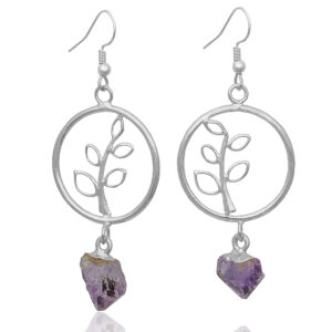 Circle Earrings with Leaves and Amethyst Tip