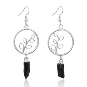 Circle Earrings with Leaves and Black Tourmaline Tip