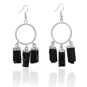 Circle Earrings with Three Black Tourmaline Points in Swing