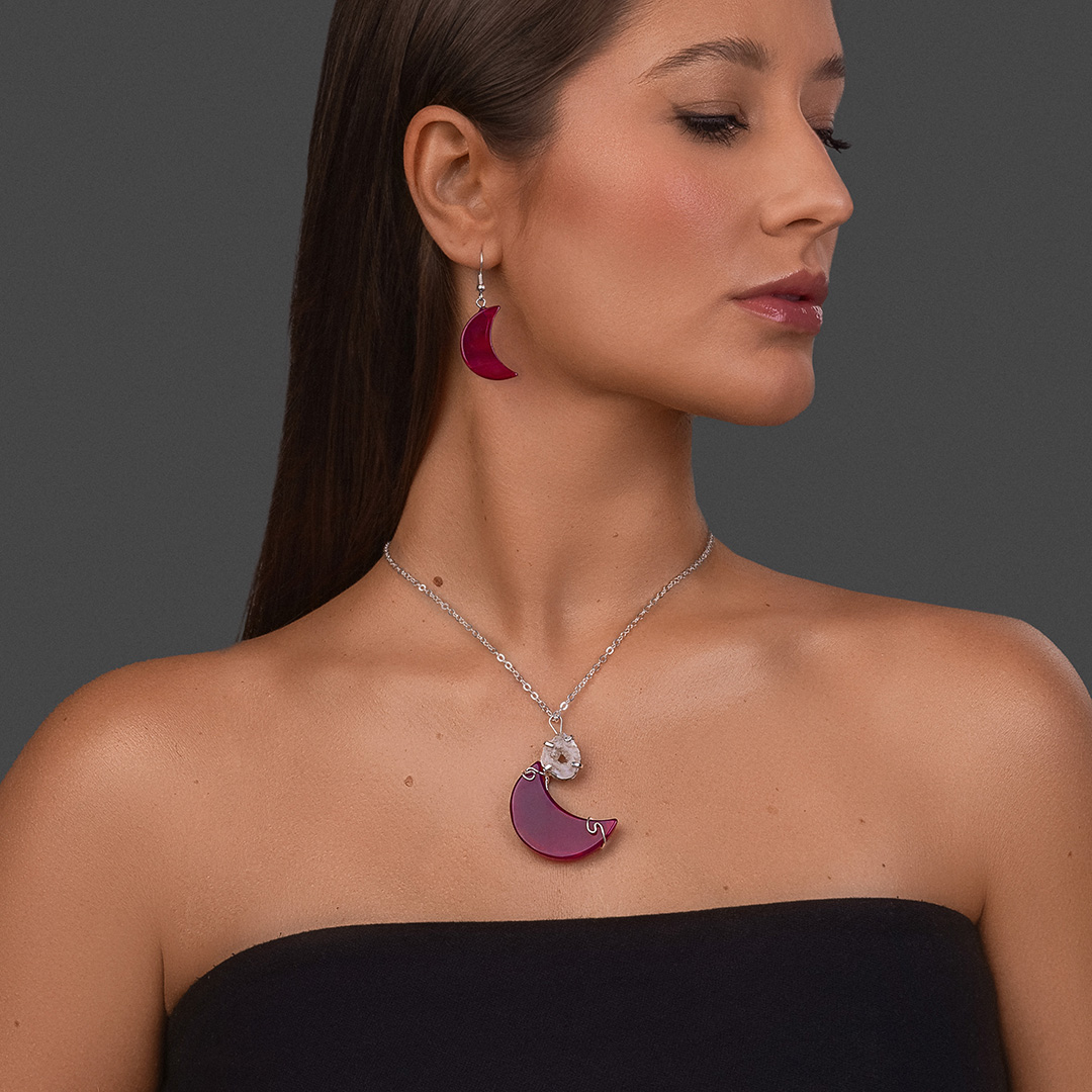 Pink Agate Moon with Geode Pendant