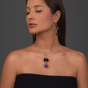 Circle Earrings with Leaves and Black Tourmaline Tip