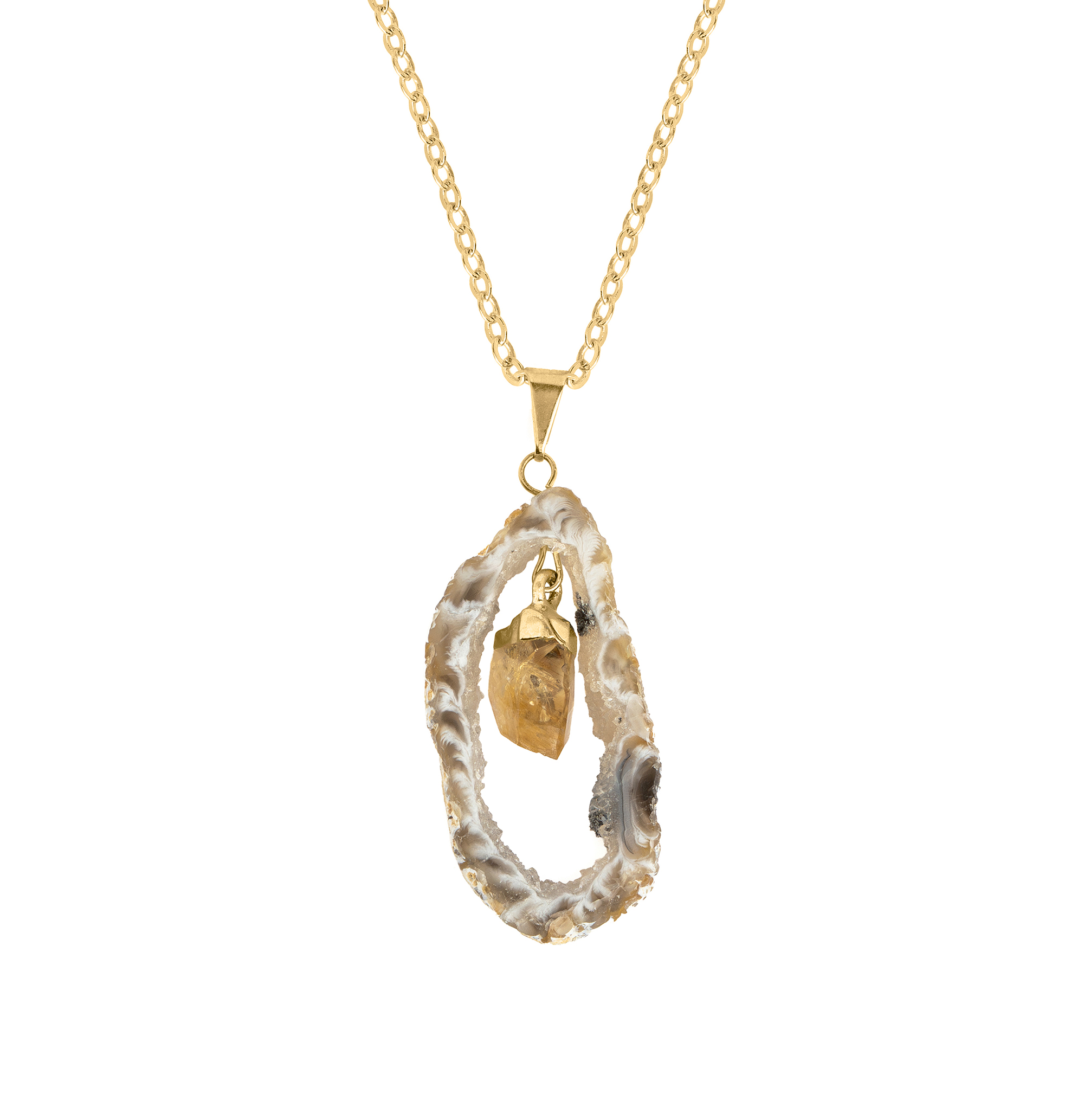 Agate Geode Plate Pendant with Citrine Dangling