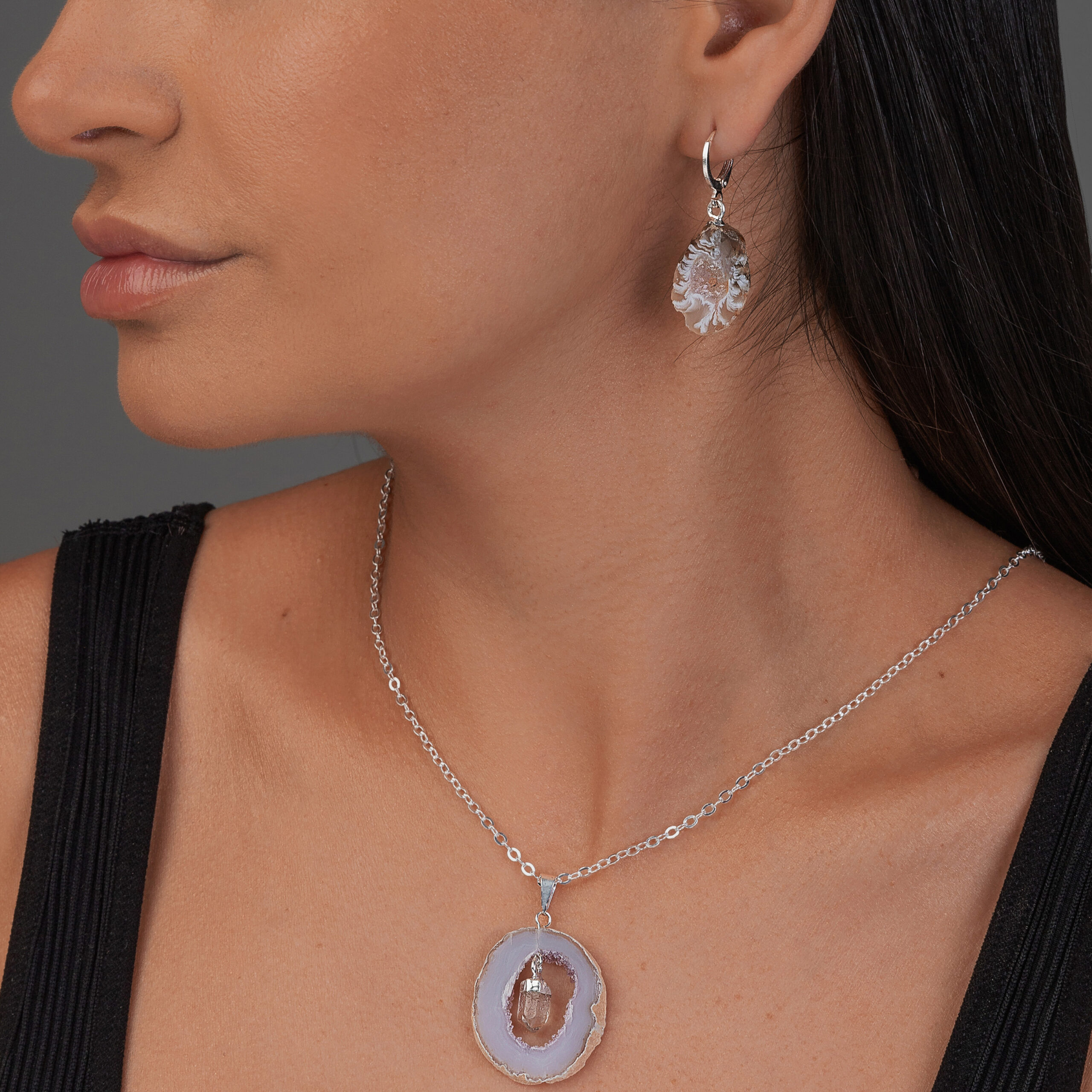 Agate Geode Plate Pendant with Clear Quartz Dangling - Image 2
