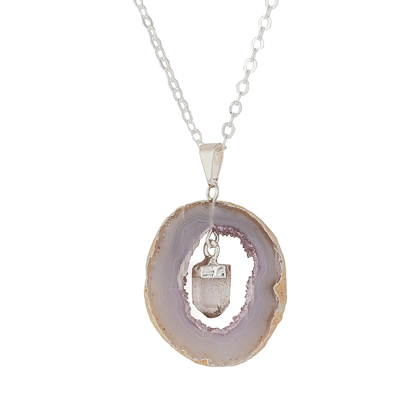 Agate Geode Plate Pendant with Clear Quartz Dangling